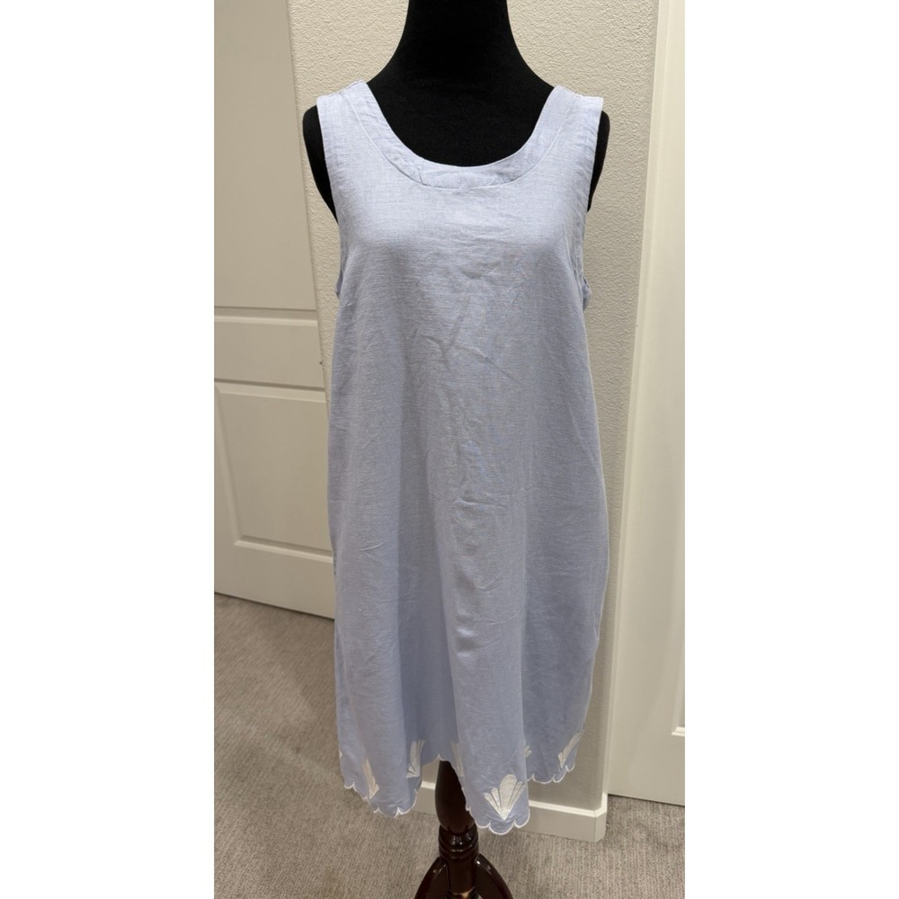 Light Blue 100% Linen Shift Dress Calypso St. Barth w/embroidered Seashell Hem S